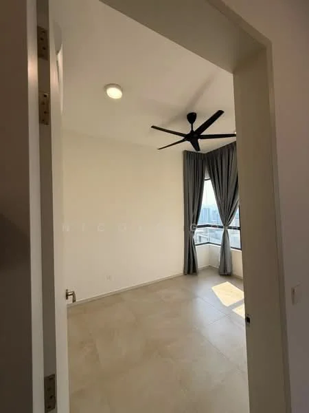 Room features: large window with city view, grey curtains, ceiling fan, recessed ceiling light, light-coloured walls, tile flooring, corner layout, neutral decor; style: modern; view: city.