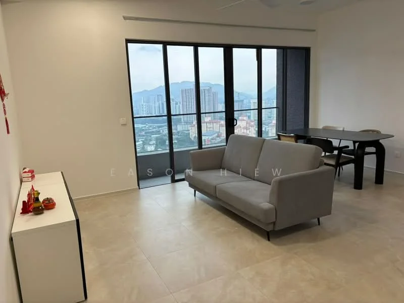 Living features: grey fabric 3-seater sofa, floor-to-ceiling windows, city view, light-colored tiled flooring, white painted walls, ceiling fan, decorative wall art, minimalist sideboard, dining table with chairs; style: modern; view: city.