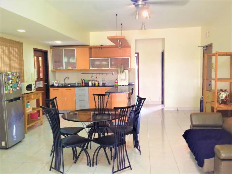 Kitchen features: grey cabinetry, black granite countertop, stainless-steel sink, chrome pull-down faucet, built-in oven, freestanding range oven, microwave, refrigerator, tile backsplash, open shelving, pendant light, ceiling fan; style: modern. Dining features: round dining table, 6 black dining chairs, glass tabletop; style: modern. Living features: 2-seater fabric sofa, coffee table, area rug, floor tiles; style: modern.