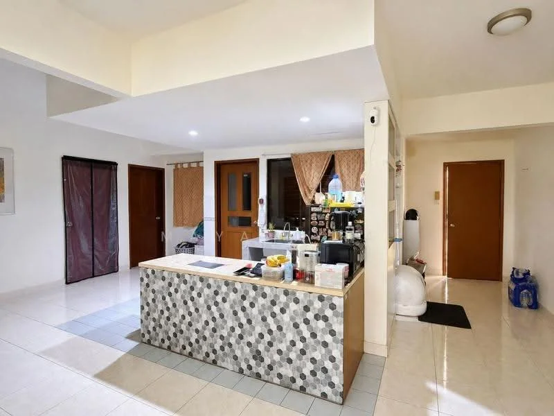Kitchen features: kitchen island with mosaic tile countertop, white cabinetry, built-in appliances, stainless-steel sink, chrome faucet, open shelving, tile flooring, recessed lighting, window with sheer curtains; style: modern. Living features: open layout, tile flooring, wall-mounted light fixtures, neutral wall color, decorative artwork, curtains, doorway to hallway; style: modern. Hallway features: door leading to another room, tile flooring, neutral wall color.