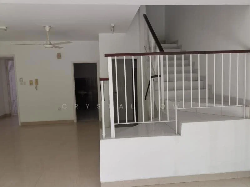 Room features: white painted walls, cream tiled flooring, staircase with white railing, ceiling fan, open space layout, natural light from windows, no visible furniture; style: modern.