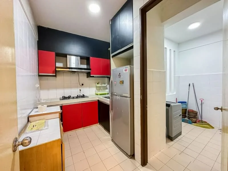 Kitchen features: red cabinetry, black upper cabinets, white tiled backsplash, stainless-steel fridge, 4-burner gas hob, built-in oven, double-bowl stainless-steel sink, countertop with storage underneath, tile flooring, recessed ceiling lights; style: modern. Laundry features: washing machine, storage shelves, cleaning supplies, tile flooring.