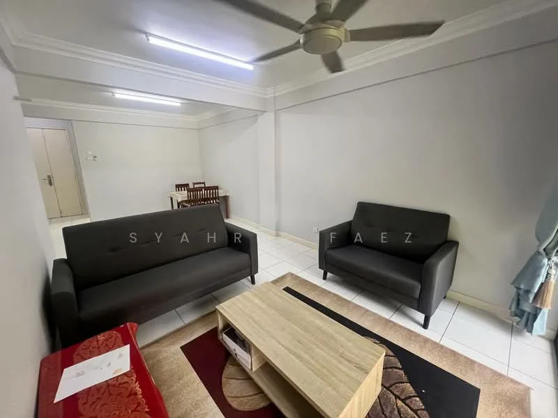 Living features: 2-seater fabric sofa in black, 2-seater fabric sofa in black, coffee table with wooden surface, area rug with geometric pattern, ceiling fan, white painted walls, tile flooring, recessed lighting, curtains in light blue, dining table with chairs visible in background; style: modern.