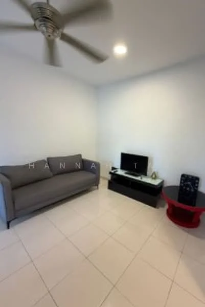Living features: grey fabric sofa, coffee table with red base, black TV console, wall-mounted TV, ceiling fan, white painted walls, tile flooring, natural light from window; style: modern.