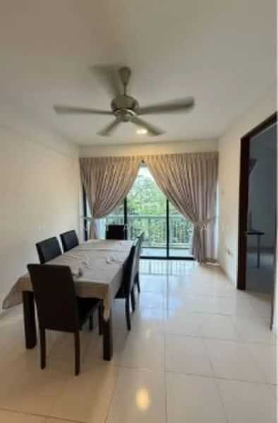 Dining features: 6-seater dining table, black dining chairs, ceiling fan with light, floor-to-ceiling windows, sheer curtains, white painted walls, glossy tile flooring, balcony view; style: modern; view: garden.