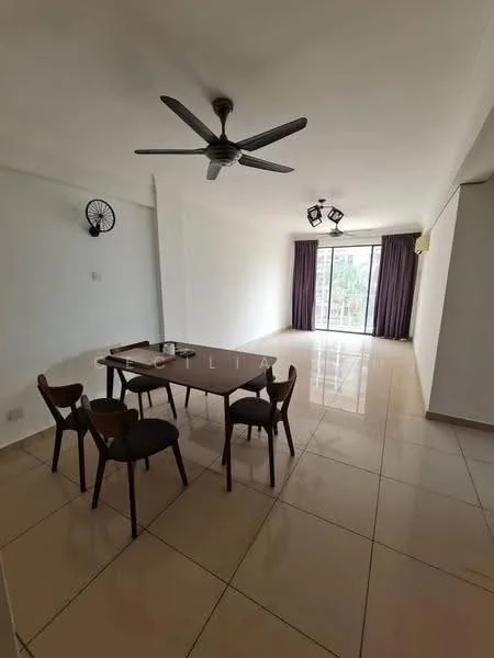 Dining features: dining table, 4 wooden dining chairs, 5-blade ceiling fan, recessed downlights, large sliding glass door, floor-to-ceiling windows, curtains, cream tiled flooring, white painted walls; style: modern; view: garden.