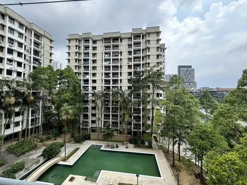 Exterior type: mid-rise condominium; features: swimming pool, landscaped garden, manicured lawn, palm trees, surrounded by greenery, multiple balconies, concrete facade, approximately 5-storey high-rise, adjacent to a road; style: modern.