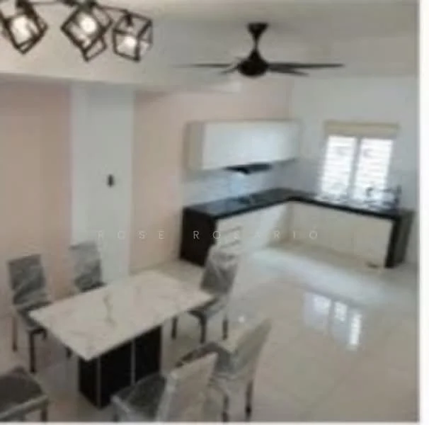 Kitchen features: white cabinets, black countertop, stainless-steel sink, chrome pull-down faucet, built-in oven, freestanding range oven, ceramic tile flooring, recessed downlights, 5-blade ceiling fan, dining table with marble top, 6 upholstered dining chairs, window with blinds; style: modern.