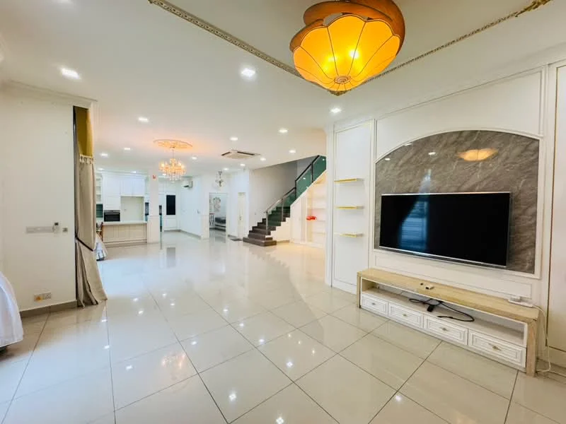 Living features: white painted walls, glossy tile flooring, recessed downlights, chandelier, wall-mounted TV, TV console with storage, staircase with glass railing, large windows for natural light; style: modern. Kitchen features: white cabinetry, marble countertop, built-in appliances, open layout to living area; style: modern.