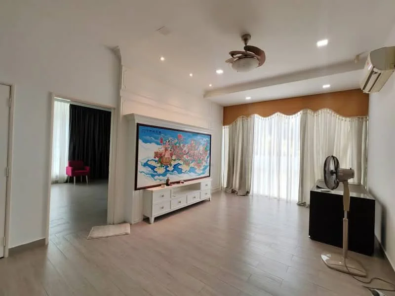 Living features: wooden flooring, white painted walls, recessed downlights, 5-blade ceiling fan, floor-to-ceiling windows with sheer curtains, white sideboard, decorative wall art, air conditioning unit, decorative fan, area rug; style: modern. Room features: dark curtains, unknown flooring, unknown walls.