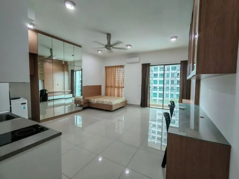 Living features: white painted walls, glossy tile flooring, 5-blade ceiling fan with light, floor-to-ceiling windows, curtains, built-in wardrobe with mirrored doors, queen-size bed, wooden bed frame, glass-top dining table, 4 black dining chairs, air conditioning unit; style: modern; view: city.