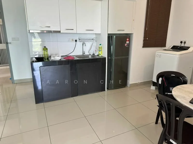 Kitchen features: black cabinetry, white countertop, double-bowl stainless-steel sink, chrome pull-down faucet, stainless-steel fridge, built-in washing machine, ceramic tile flooring, wall-mounted cabinets, window with blinds, kitchen utensils on countertop, cleaning supplies on countertop; style: modern.