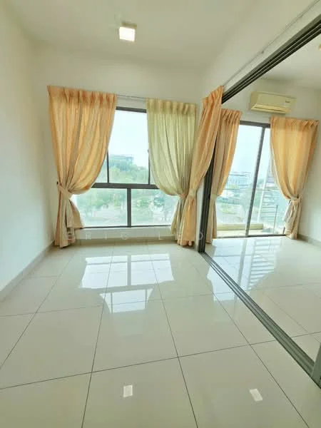 Room features: white painted walls, glossy tile flooring, floor-to-ceiling windows, sheer curtains, light-colored drapes, air conditioning unit, natural light, city view; style: modern; view: city.