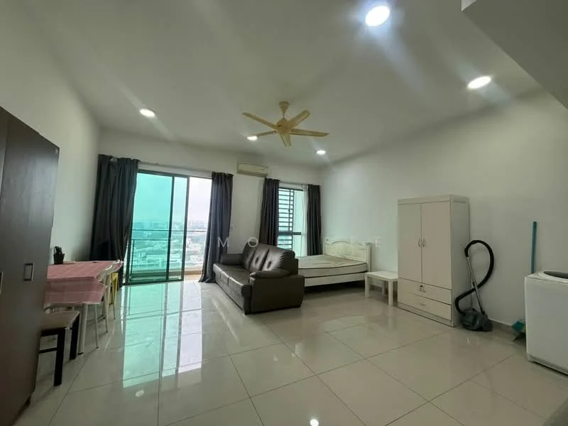 Living features: floor-to-ceiling windows, sliding glass door, 5-blade ceiling fan with light, cream painted walls, glossy tile flooring, sofa in brown leather, dining table with 4 chairs, white wardrobe, white side table, vacuum cleaner, washing machine, bed frame without mattress; style: modern; view: city.