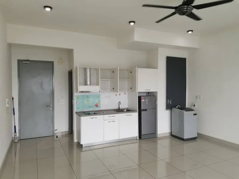 Kitchen features: white cabinetry, grey countertop, stainless-steel fridge, built-in oven, single-bowl stainless-steel sink, chrome pull-down faucet, ceramic tile flooring, ceiling fan, wall-mounted kitchen hood, open shelving, grey backsplash, window with view, light fixtures, door to hallway; style: modern.