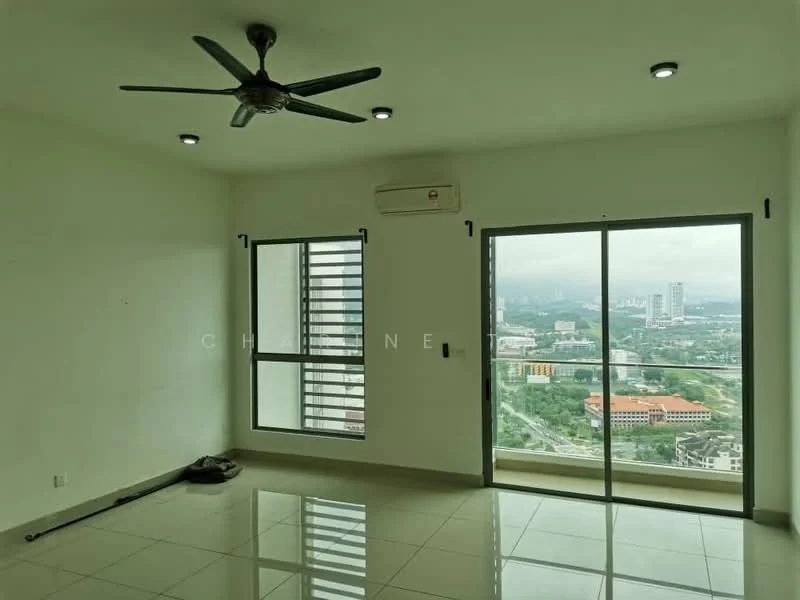 Living features: white painted walls, polished ceramic tile flooring, 5-blade ceiling fan with light, recessed LED downlights, floor-to-ceiling windows, sliding glass door, city view, air conditioning unit; style: modern; view: city.