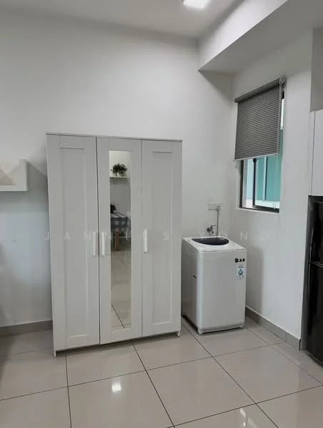 Laundry features: white wardrobe with mirrored doors, top-load washing machine, grey tiled flooring, white walls, window with roller blinds, light ceiling with recessed lighting; style: modern.