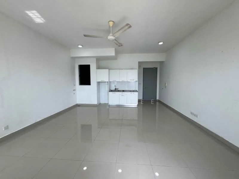 Living features: white painted walls, glossy ceramic tile flooring, ceiling fan, recessed downlights, kitchenette with white cabinetry, sink, countertop, open layout; style: modern.