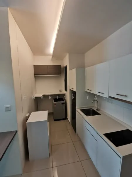 Kitchen features: white cabinetry, grey countertop, stainless-steel sink, chrome pull-down faucet, built-in oven, induction hob, refrigerator, tile flooring, under-cabinet lighting, open shelving, wall-mounted cabinets, single-bowl sink, neutral wall color, modern design; style: modern.