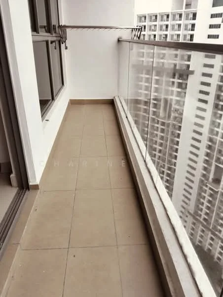 Room features: tiled flooring, glass railing, white painted walls, balcony space, city view; style: modern; view: city.