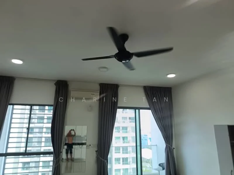 Room features: 5-blade ceiling fan, 2 floor-to-ceiling windows, grey curtains, white painted walls, recessed downlights, air conditioning unit.