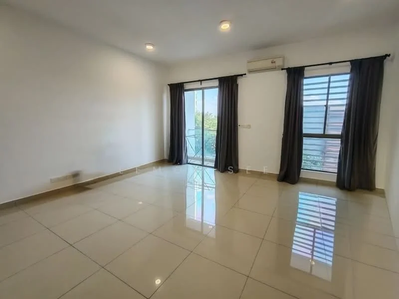 Room features: white painted walls, glossy ceramic tile flooring, sliding glass door, floor-to-ceiling windows, blackout curtains, air conditioning unit, recessed downlights; style: modern; view: garden.