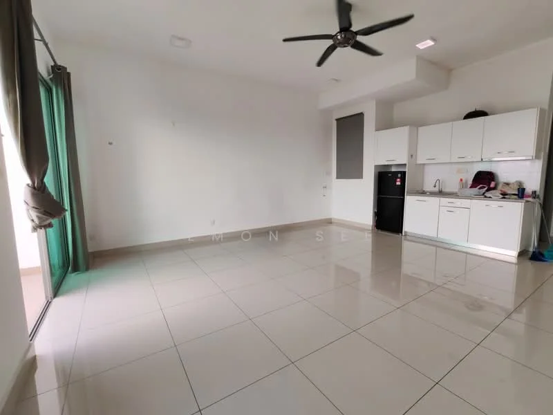 Living features: white painted walls, glossy ceramic tile flooring, 5-blade ceiling fan with light, floor-to-ceiling windows, green sheer curtains, kitchenette with white cabinetry, black refrigerator, countertop with sink, open layout, no visible decor; style: modern.