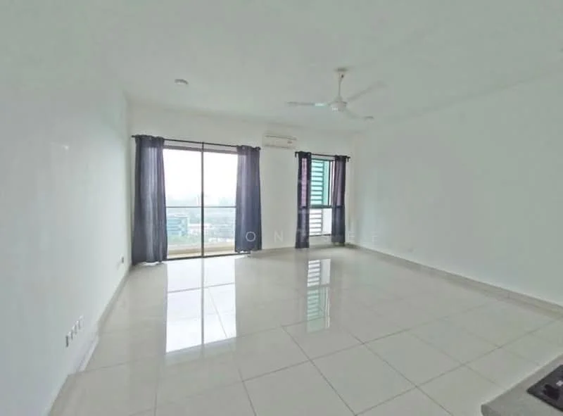 Living features: white painted walls, glossy ceramic tile flooring, 5-blade ceiling fan, floor-to-ceiling windows, sliding glass door, blackout curtains, air conditioning unit, city view; style: modern; view: city.