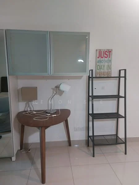 Room features: wooden side table with curved legs, metal shelving unit with three shelves, table lamp with white shade, wall-mounted light fixture, decorative wall art with text, cream painted walls, glossy tile flooring; style: modern.