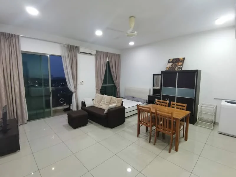 Living features: sofa in dark brown fabric, coffee table, TV console, wall-mounted TV, dining table with 4 wooden chairs, floor-to-ceiling windows, curtains in light beige, ceiling fan, air conditioning unit, glossy tile flooring, decorative wall art, bed with mattress in background; style: modern; view: city.