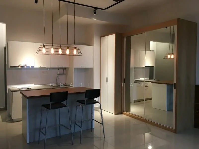 Kitchen features: white cabinetry, wooden countertop, stainless-steel sink, chrome pull-down faucet, pendant lighting with multiple bulbs, bar stools, mirror-fronted cabinet, ceramic tile flooring, open shelving, recessed lighting; style: modern.