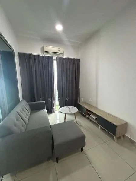 Living features: grey fabric sofa, round coffee table, TV console with storage, floor-to-ceiling windows, blackout curtains, wall-mounted split AC, light-colored tiled flooring, white painted walls, recessed ceiling lights; style: modern.