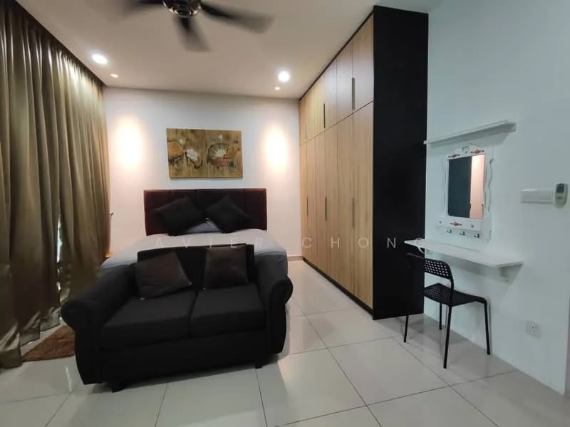 Bedroom features: queen-size bed with upholstered headboard, black fabric sofa, wooden wardrobe with sliding doors, vanity table with mirror, black chair, floor-to-ceiling curtains in brown, decorative artwork on wall, tile flooring, recessed downlights, ceiling fan; style: modern.