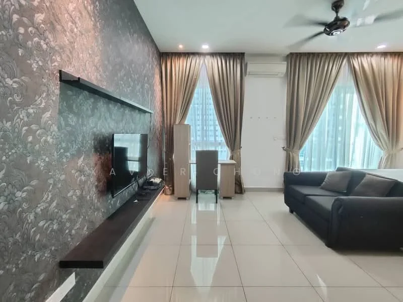 Living features: grey accent wall, white painted walls, glossy tile flooring, sofa in black, wall-mounted TV, floating TV console, ceiling fan, floor-to-ceiling windows with sheer curtains, dining table with chairs, air conditioning unit; style: modern; view: city.