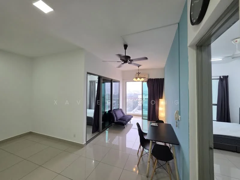 Living features: grey fabric sofa, black dining table for 2, 4-blade ceiling fan, recessed LED downlights, floor-to-ceiling windows, sliding glass door, white painted walls, light grey accent wall, glossy ceramic tile flooring, blackout curtains; style: modern; view: city.