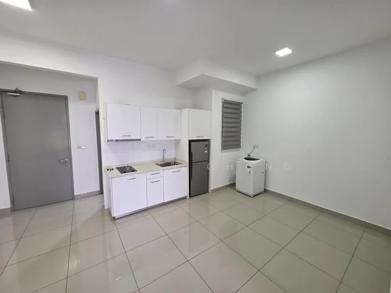 Kitchen features: white cabinetry, stainless-steel fridge, built-in sink, single-bowl stainless-steel sink, chrome pull-down faucet, ceramic tile flooring, grey wall tiles, wall-mounted cabinets, countertop with space for appliances, window with horizontal blinds, washing machine, recessed LED downlights; style: modern.