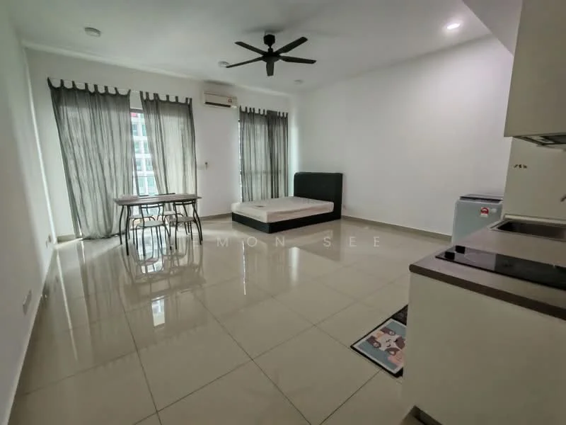 Living features: white painted walls, glossy ceramic tile flooring, 5-blade ceiling fan with light, floor-to-ceiling windows with sheer curtains, black sofa, dining table for four, air conditioning unit, empty bed frame, refrigerator, kitchenette with countertop; style: modern.