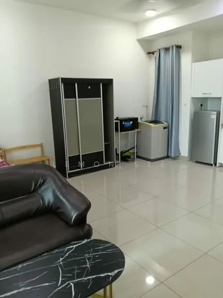 Room features: white painted walls, glossy tile flooring, recessed ceiling lights, black leather sofa, marble-top coffee table, built-in wardrobe with sliding doors, washing machine, fridge, curtains, wooden chair; style: modern.