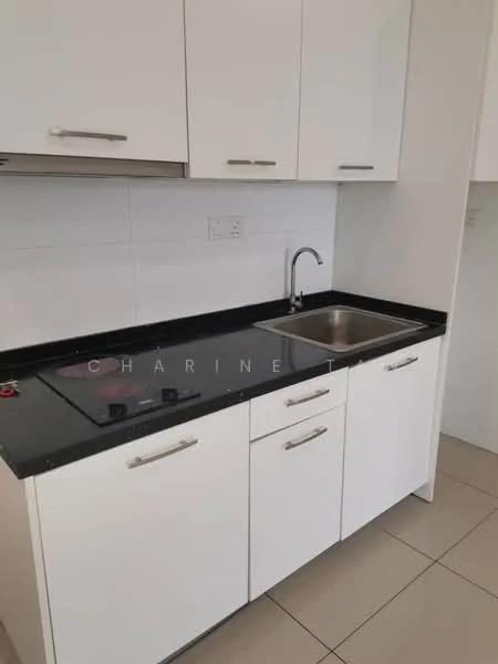 Kitchen features: white cabinetry, black granite countertop, stainless-steel single-bowl sink, chrome pull-down faucet, built-in electric cooktop, tile backsplash, ceramic tile flooring, under-cabinet lighting; style: modern.