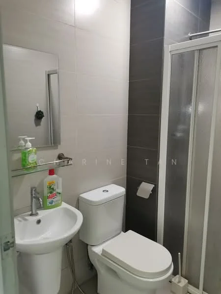 Bathroom features: white ceramic toilet, single-sink vanity with chrome faucet, mirror above sink, glass shower enclosure, shower head, grey tiled walls, light grey floor tiles, shelf above sink, toilet paper holder, bottle of liquid soap, bottle of cleaning solution; style: modern.