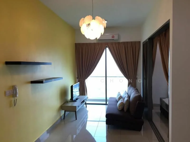 Living features: yellow painted wall, white walls, glossy tile flooring, sofa with cushions, TV console, wall-mounted TV, suspended shelf, curtains, ceiling light fixture, wall-mounted intercom, air conditioning unit, floor-to-ceiling windows; style: modern; view: city.