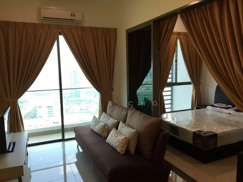 Living features: 3-seater fabric sofa in brown, decorative cushions, floor-to-ceiling windows, curtains in beige, wall-mounted TV, air conditioning unit, glossy tile flooring, city view; style: modern; view: city. Bedroom features: queen-size bed with mattress, bedside table, decorative wall art, built-in wardrobe, curtains in beige, glossy tile flooring; style: modern; view: city.