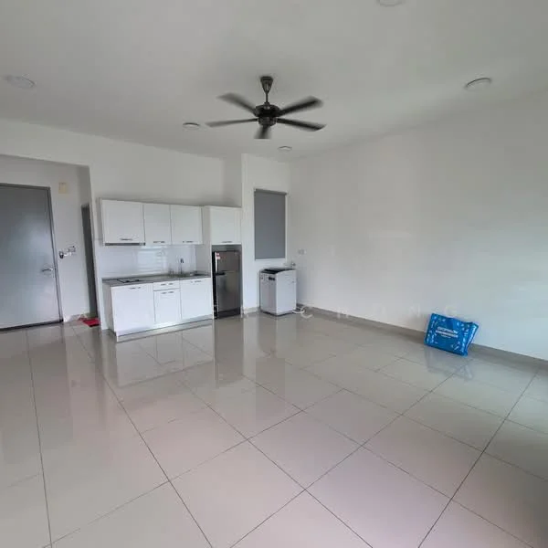 Living features: white painted walls, glossy ceramic tile flooring, 5-blade ceiling fan, recessed downlights, kitchenette with white cabinetry, stainless-steel fridge, built-in sink, countertop, window with roller blind, open layout; style: modern.