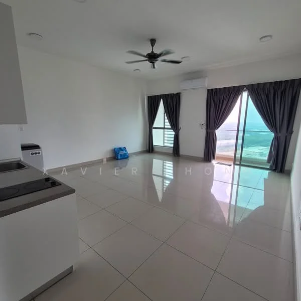 Living features: white painted walls, glossy tile flooring, 5-blade ceiling fan with light, floor-to-ceiling windows, sliding glass door, curtains, air conditioning unit, open layout; style: modern; view: city.