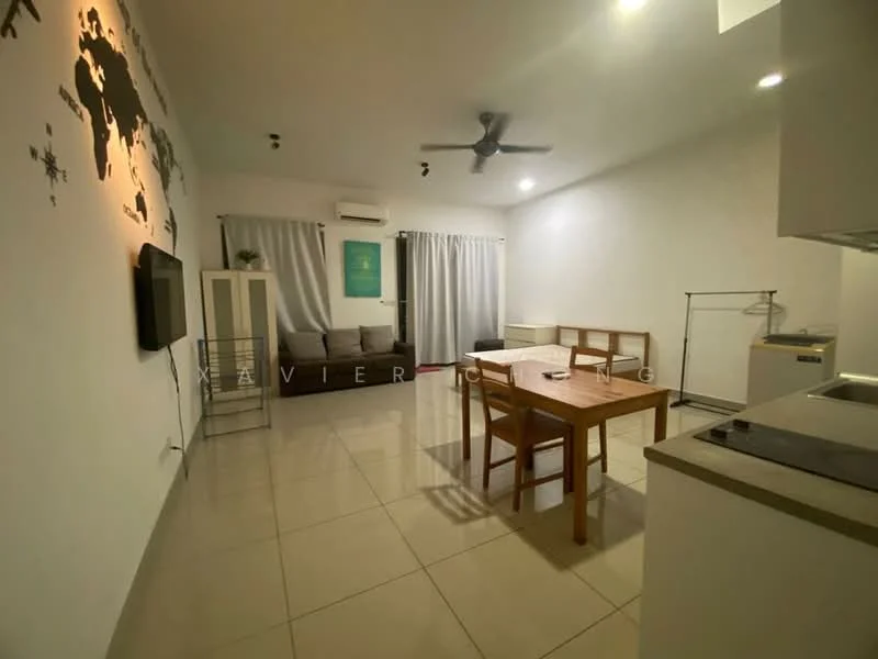 Living features: white painted walls, tile flooring, 5-blade ceiling fan with light, sofa in brown, wooden dining table, 4 dining chairs, TV mounted on wall, curtains in light grey, air conditioning unit, decorative wall map, open layout; style: modern.