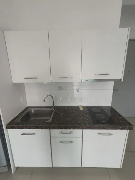 Kitchen features: single-bowl stainless-steel sink, chrome pull-down faucet, black granite countertop, white cabinetry with flat-panel doors, built-in electric cooktop, tile backsplash, light-colored tile flooring, under-cabinet lighting; style: modern.