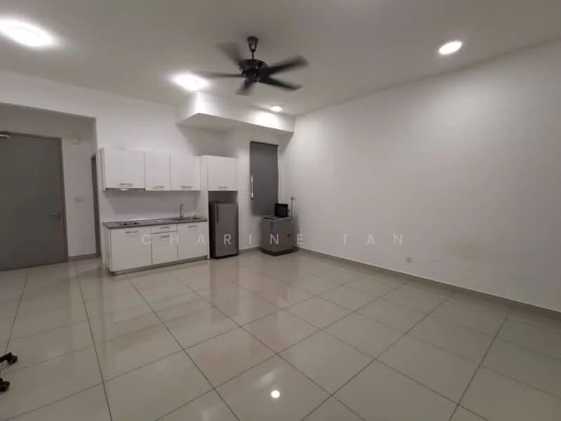Room features: white cabinetry, stainless-steel fridge, built-in kitchen countertop, ceramic tile flooring, 5-blade ceiling fan, recessed downlights, grey wall, open layout, kitchen area, living area; style: modern.