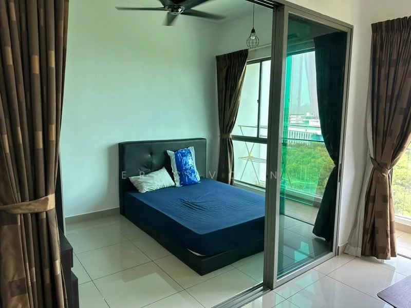 Bedroom features: king-size bed with dark upholstered headboard, blue bedspread, floor-to-ceiling glass sliding door, green balcony view, white painted walls, cream tiled flooring, ceiling fan, sheer curtains, dark brown curtains, decorative pillows; style: modern; view: garden.