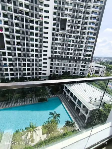 Exterior type: high-rise condominium; features: glass curtain wall facade, approximately 20-storey high-rise, infinity pool, pool deck with loungers, landscaped garden, outdoor dining pavilion, surrounded by mature greenery; style: modern.