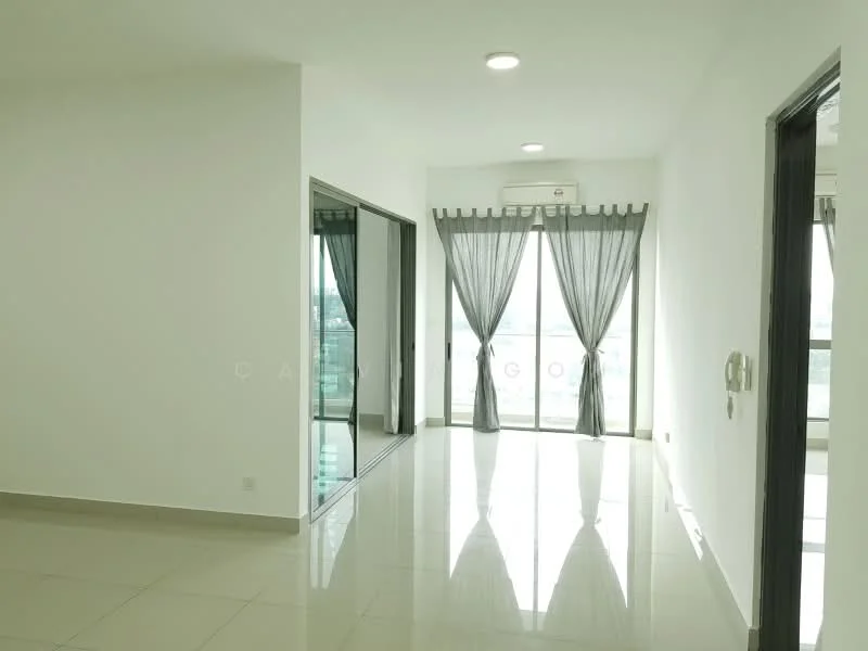 Living features: white painted walls, glossy tile flooring, floor-to-ceiling windows, sliding glass door, sheer curtains, recessed downlights, 1 wall-mounted split AC, balcony access, neutral color scheme; style: modern; view: city.